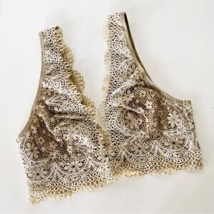NEW VS VICTORIAS SECRET Nude Tan Cream Lace Plunge Long Line Bralette Bra XS